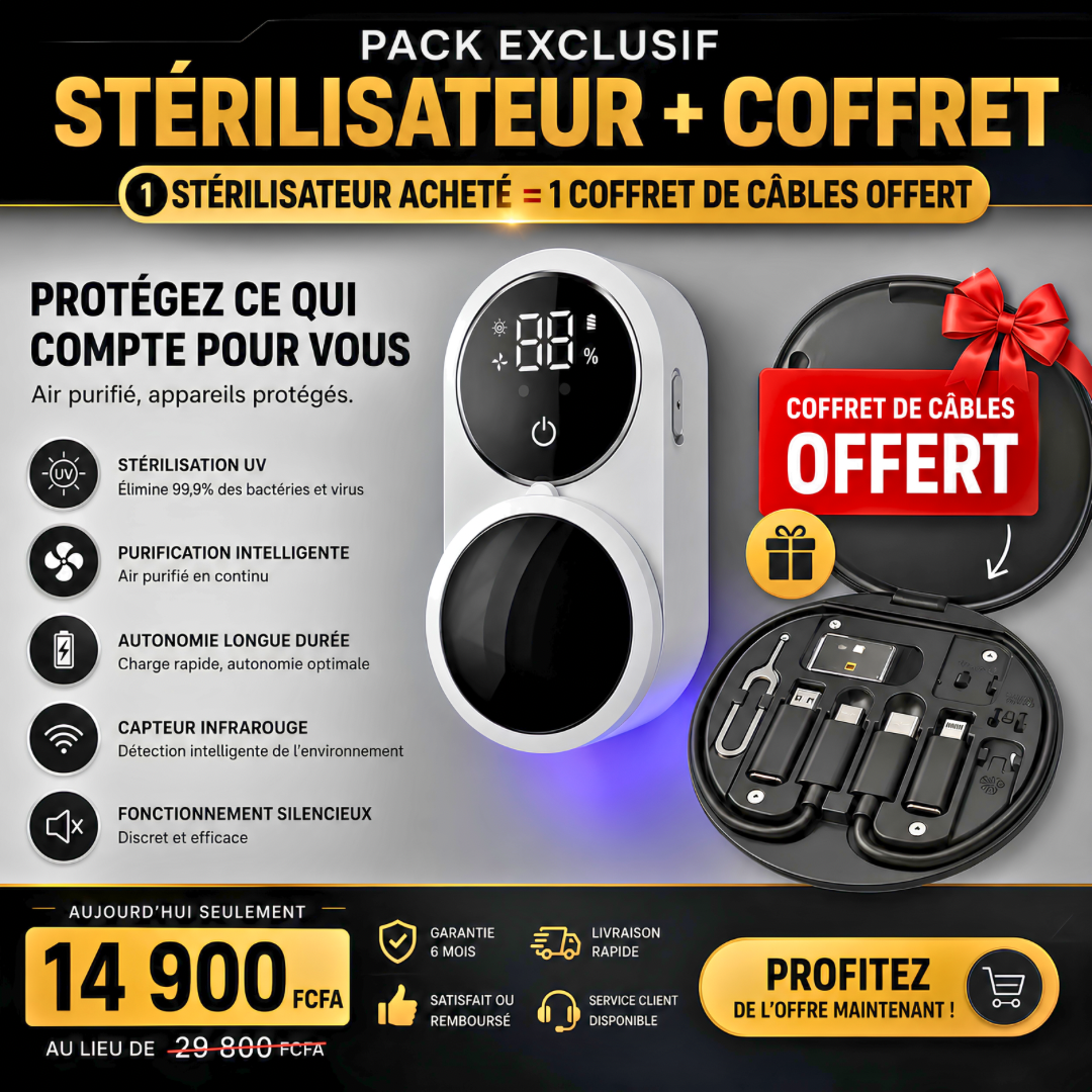 ✨ Pack Protection Ultime : Stérilisateur Intelligent + Coffret de Câbles OFFERT 🎁

Gardez votre environnement plus sain et vos accessoires toujours organisés — Livraison gratuite à Douala & Yaoundé 🚚