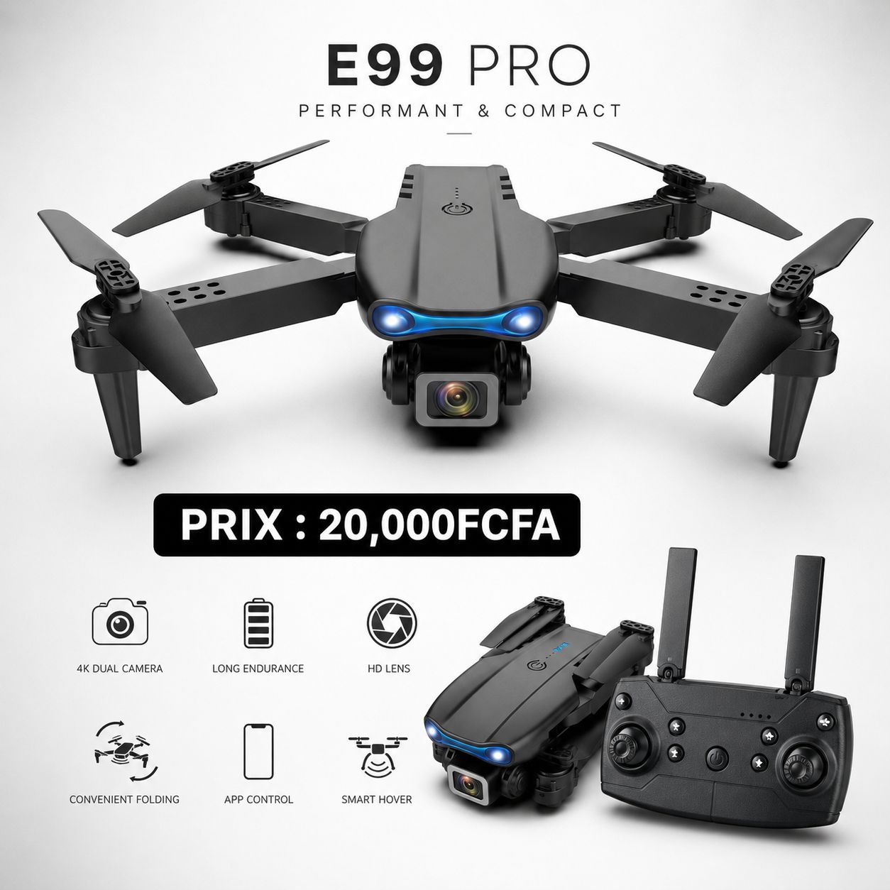 Drone E99 Pro 4K Pliable – Caméra HD, Contrôle Smartphone & Vol Intelligent